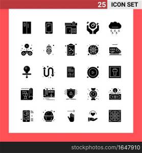 25 Icon Pack Solid Style Glyph Symbols on White Background. Simple Signs for general designing.. Creative Black Icon vector background