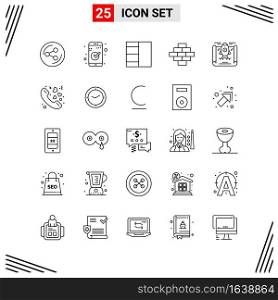 25 Icons Line Style. Grid Based Creative Outline Symbols for Website Design. Simple Line Icon Signs Isolated on White Background. 25 Icon Set.. Creative Black Icon vector background
