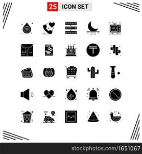 25 Icons Solid Style. Grid Based Creative Glyph Symbols for Website Design. Simple Solid Icon Signs Isolated on White Background. 25 Icon Set.. Creative Black Icon vector background