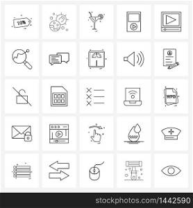 25 Interface Line Icon Set of modern symbols on dashboard, video, drink, play, sound Vector Illustration