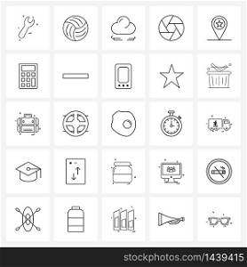 25 Interface Line Icon Set of modern symbols on location, gps, volleyball, camera, camera shutter Vector Illustration