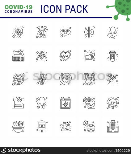 25 line Set of corona virus epidemic icons. such as drops, allergy, disease, organ, human viral coronavirus 2019-nov disease Vector Design Elements