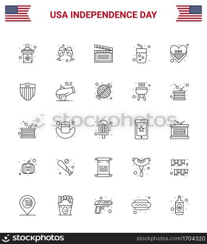 25 Line Signs for USA Independence Day love; american; movis; wine; drink Editable USA Day Vector Design Elements