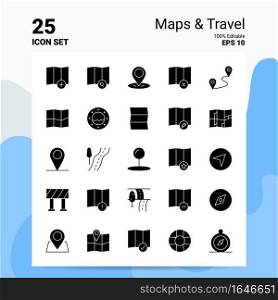 25 Maps   Travel Icon Set. 100  Editable EPS 10 Files. Business Logo Concept Ideas Solid Glyph icon design