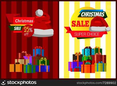 25% off Christmas sale super choice posters with wrapped presents, promo label decorated by Santas hat vector illustration discount sticker on stripes. 25% off Christmas Sale Super Choice Pposters Label