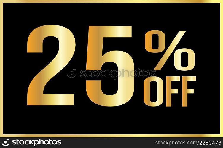 25% off. Golden numbers with black background. Luxury banner for shopping, print, web, sale 3d illustration