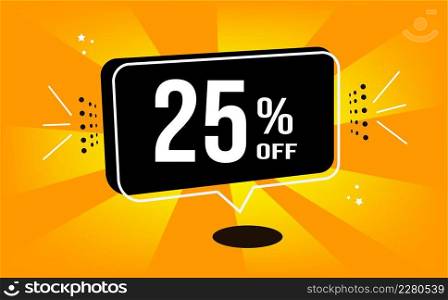 25% off. Orange banner with black balloon and twenty-five percent off purchase