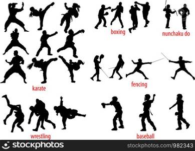 25 silhouettes of various sports baseball, karate, boxing, fencing, wrestling and nunchucks