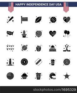25 Solid Glyph Signs for USA Independence Day usa  country  footbal  heart  ball Editable USA Day Vector Design Elements