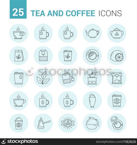 25 Tea and coffee line icons in circles, vector eps10 illustration. Tea and Coffee Line Icons