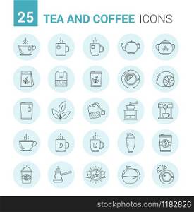 25 Tea and coffee line icons in circles, vector eps10 illustration. Tea and Coffee Line Icons