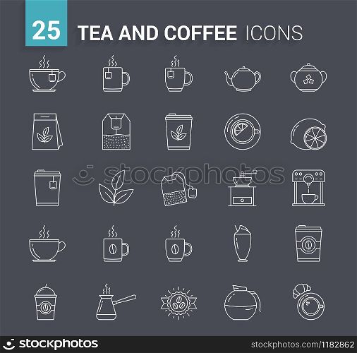 25 Tea and coffee line icons on dark background, vector eps10 illustration. Tea and Coffee Line Icons