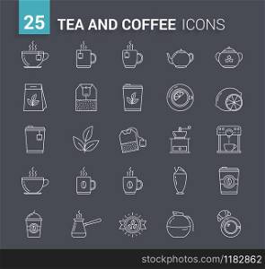 25 Tea and coffee line icons on dark background, vector eps10 illustration. Tea and Coffee Line Icons
