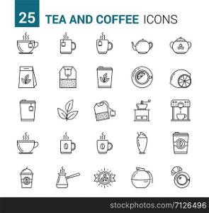 25 Tea and coffee line icons, vector eps10 illustration. Tea and Coffee Line Icons
