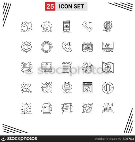 25 Thematic Vector Lines and Editable Symbols of globe, incoming, store, call, product Editable Vector Design Elements