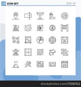 25 Thematic Vector Lines and Editable Symbols of laboratory, chemistry, table, biology, power supply Editable Vector Design Elements