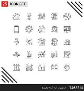 25 Thematic Vector Lines and Editable Symbols of world, earth, loan, cash, hour Editable Vector Design Elements