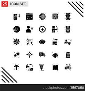 25 Thematic Vector Solid Glyphs and Editable Symbols of dreadful, casket, wheel, learning, profile Editable Vector Design Elements