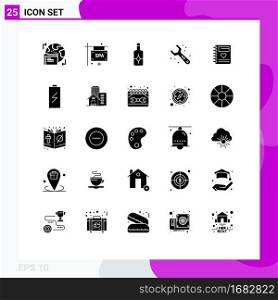 25 Thematic Vector Solid Glyphs and Editable Symbols of heart, notebook, beach, wrench, plumbing Editable Vector Design Elements