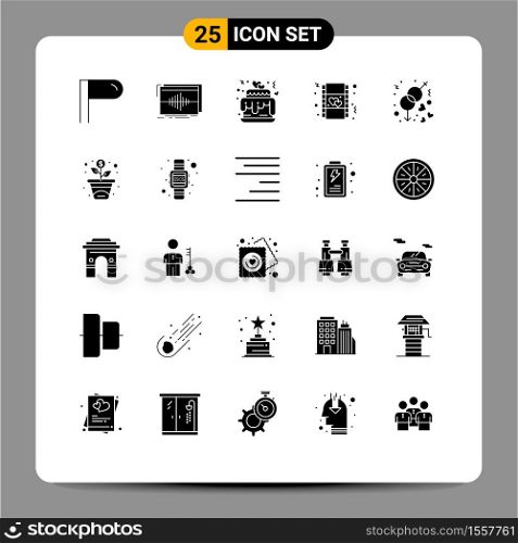 25 Thematic Vector Solid Glyphs and Editable Symbols of love, engagement, cake, movie, heart Editable Vector Design Elements