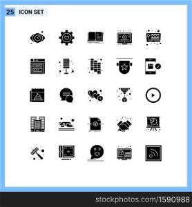 25 Thematic Vector Solid Glyphs and Editable Symbols of youtube, online, setting, learn, story Editable Vector Design Elements