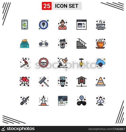 25 Universal Filled line Flat Color Signs Symbols of js, develop, catering, coding, waitress Editable Vector Design Elements