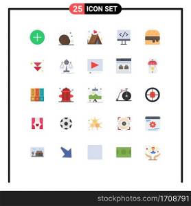 25 Universal Flat Color Signs Symbols of food, development, meal, monitor, tent Editable Vector Design Elements