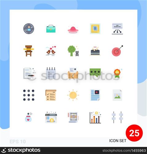 25 Universal Flat Color Signs Symbols of marketing, processor, fashion, hardware, computer Editable Vector Design Elements