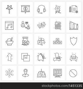 25 Universal Icons Pixel Perfect Symbols of file, pencil, headphone, badge, heart Vector Illustration