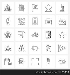25 Universal Icons Pixel Perfect Symbols of light, candle, flag, open, email action Vector Illustration