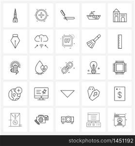 25 Universal Line Icons for Web and Mobile house, building, hygiene, travel, ship Vector Illustration