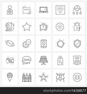 25 Universal Line Icons for Web and Mobile relationship, business, laptop, paper, arrow Vector Illustration