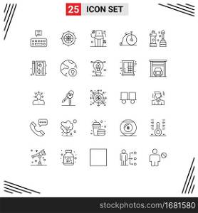 25 Universal Line Signs Symbols of cleaner, vehicle, diet, transportation, bike Editable Vector Design Elements