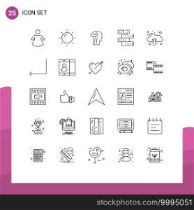 25 Universal Line Signs Symbols of upload, cloud, mind, study, knowledge Editable Vector Design Elements