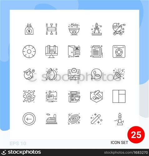 25 Universal Lines Set for Web and Mobile Applications buggy, baby carriage, planning, paint, compass Editable Vector Design Elements