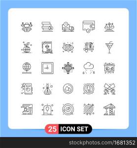 25 Universal Lines Set for Web and Mobile Applications justice, court, logistics, balance, money Editable Vector Design Elements
