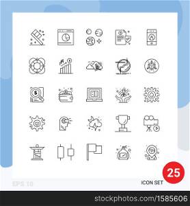 25 Universal Lines Set for Web and Mobile Applications media, add, planet, policy, health Editable Vector Design Elements