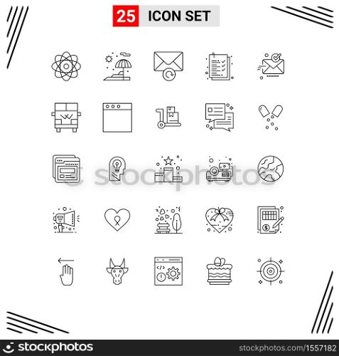 25 Universal Lines Set for Web and Mobile Applications transport, ok, retry, sent, email Editable Vector Design Elements