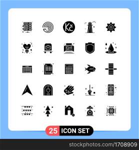25 Universal Solid Glyph Signs Symbols of bulb, setting, koruna, building, co tower Editable Vector Design Elements