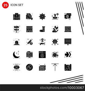 25 Universal Solid Glyph Signs Symbols of globe, bubble, gear, salesman, person Editable Vector Design Elements