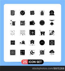 25 Universal Solid Glyph Signs Symbols of webcam, security, heart, sweets, dessert Editable Vector Design Elements