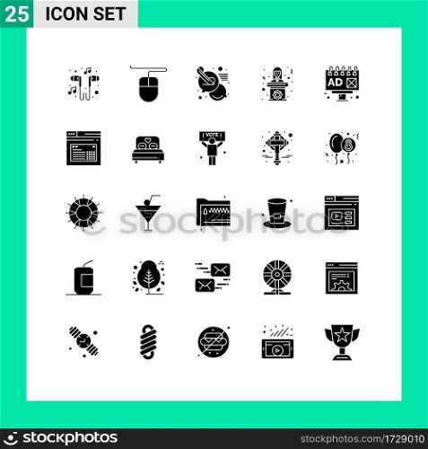 25 Universal Solid Glyphs Set for Web and Mobile Applications advertising, teacher, chat, woman, speech Editable Vector Design Elements