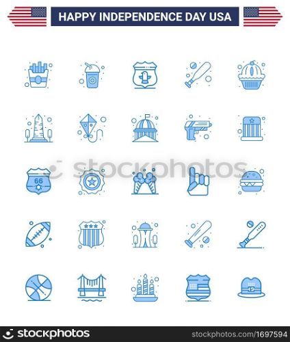 25 USA Blue Signs Independence Day Celebration Symbols of cake  muffin  usa  american  bat Editable USA Day Vector Design Elements