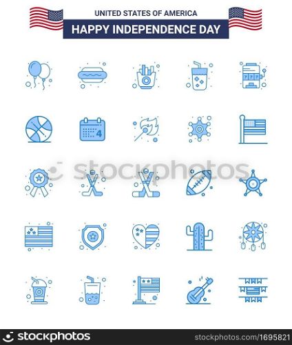 25 USA Blue Signs Independence Day Celebration Symbols of machine; wine; fast; juice; alcohol Editable USA Day Vector Design Elements
