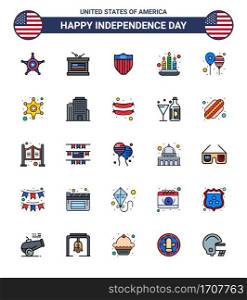 25 USA Flat Filled Line Pack of Independence Day Signs and Symbols of day  balloons  american  light  candle Editable USA Day Vector Design Elements