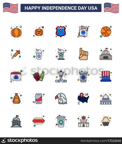 25 USA Flat Filled Line Signs Independence Day Celebration Symbols of festival; fire work; love; day; ball Editable USA Day Vector Design Elements