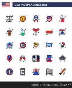 25 USA Flat Filled Line Signs Independence Day Celebration Symbols of juice  alcohol  badge  shield  american Editable USA Day Vector Design Elements