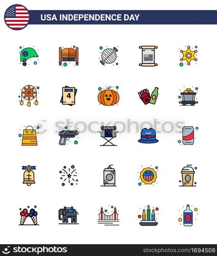 25 USA Flat Filled Line Signs Independence Day Celebration Symbols of usa; text; entrance; scroll; grill Editable USA Day Vector Design Elements