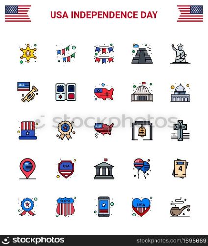 25 USA Flat Filled Line Signs Independence Day Celebration Symbols of usa  of  garland  liberty  usa Editable USA Day Vector Design Elements