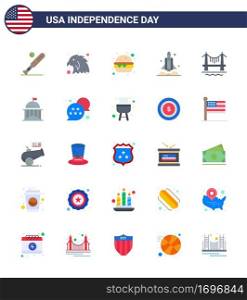 25 USA Flat Pack of Independence Day Signs and Symbols of building  usa  burger  transport  rocket Editable USA Day Vector Design Elements